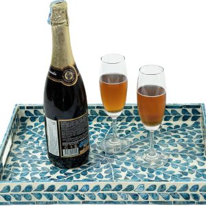 CLAYNIX Serving Tray 15.7" X11.8", Lacquer Mother of Pearl Inlay Mosaic Tray, Rectangle Wooden Marble Tray with Handles Trays for Tea, Breakfast in Bed, Table (Blue)