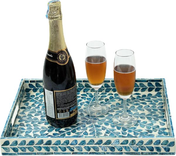 CLAYNIX Serving Tray 15.7" X11.8", Lacquer Mother of Pearl Inlay Mosaic Tray, Rectangle Wooden Marble Tray with Handles Trays for Tea, Breakfast in Bed, Table (Blue)