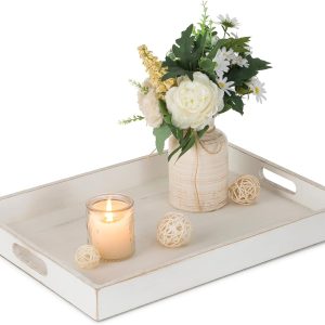 Hanobe Serving Tray with Handles: Rustic Decorative Wood Rectangle Trays with Cutout Handles for Coffee Table Breakfast Ottoman Living Room Kitchen Home Decor, Light Brown