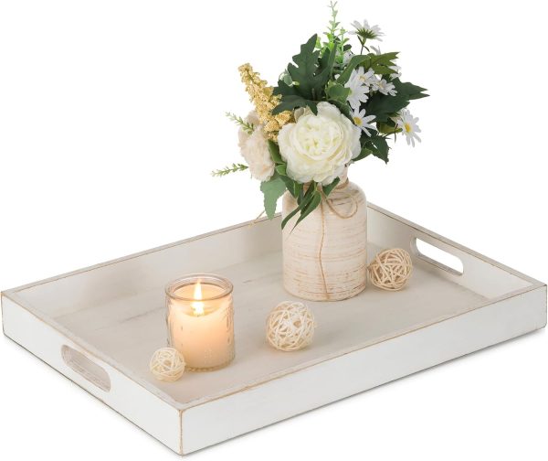 Hanobe Serving Tray with Handles: Rustic Decorative Wood Rectangle Trays with Cutout Handles for Coffee Table Breakfast Ottoman Living Room Kitchen Home Decor, Light Brown