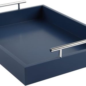 JJSQYLAN Wooden Serving Tray with Handles Rectangle Breakfast Tray for Coffee Table Decorative Ottoman Tray 16”x 12” for All Occasion's (Blue)